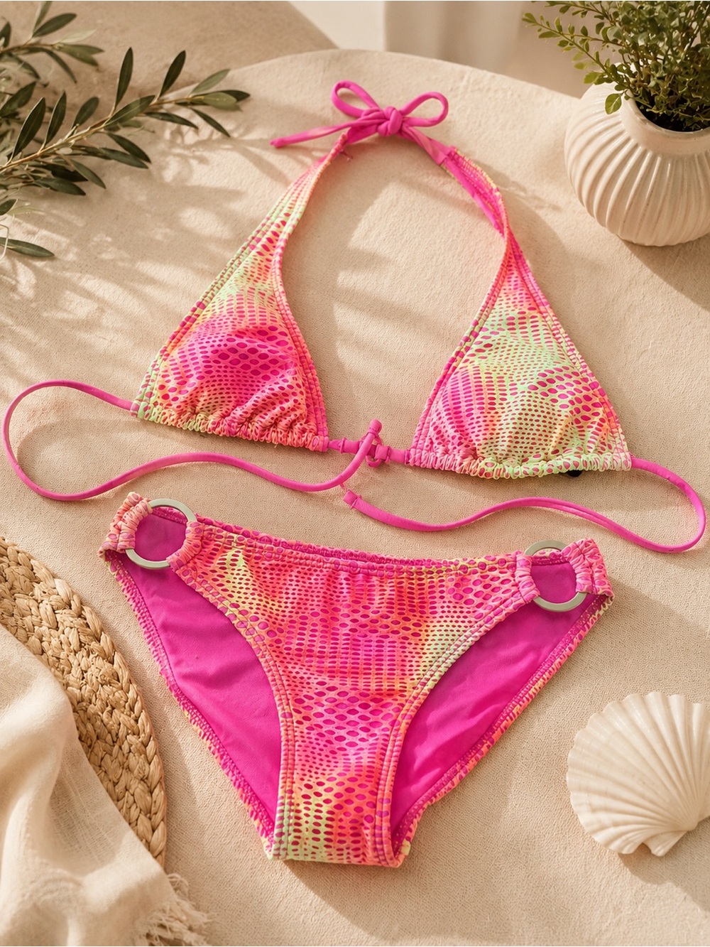 Gossip Girl Pink Tie-Dye Triangle Bikini with Ring-Detail Bottoms